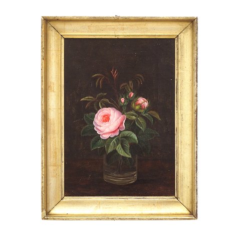 Flower painting, oil on linen. Stilleben with 
roses. "Painted 1874 by Louise Behrens - 16 y/o"