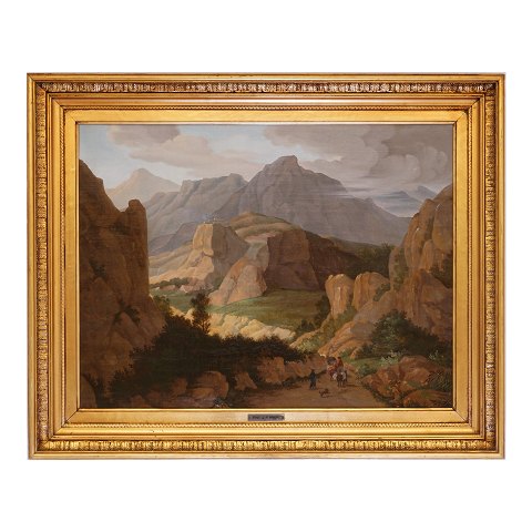 I. P. Møller, 1783-1854, Personen in einer 
Berglandschaft, Öl auf Leinen. Signiert. 
Lichtmasse: 48x64cm. Mit Rahmen: 64x80cm