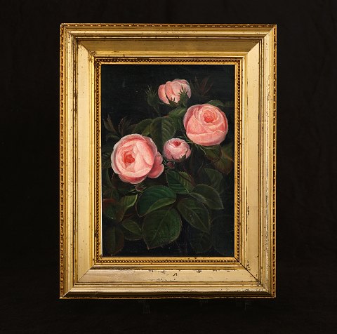I. L. Jensen, 1800-56, Öl auf Leinen: 
Blumengemälde mit Rosen. Signiert. Lichtmasse: 
20,5cmx14cm. Mit Rahmen. 30x23,5cm