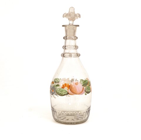 Enamel decorated decanter, glass. Made circa 1860. 
H: 27cm