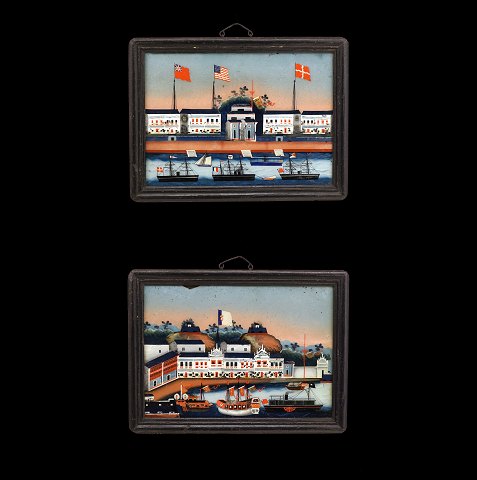 A pair of Hinterglas painting with motives from 
Hong Kong and Macao. China circa 1850. Size: 
30x40cm