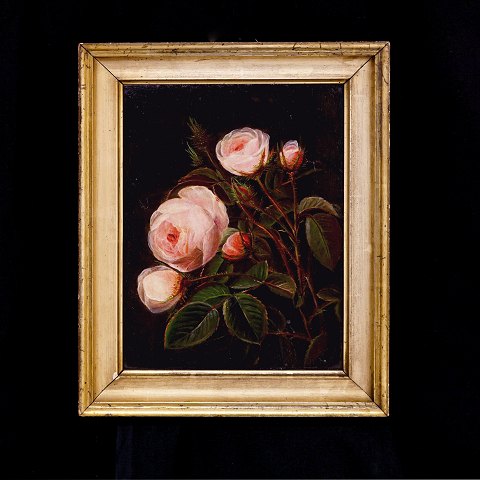 Schule I. L. Jensens: Blumengemälde mit roten 
Rosen, Öl auf Leinen. Dänemark um 1830. 
Lichtmasse: 26,5x20cm. Mit Rahmen: 34,5x28cm