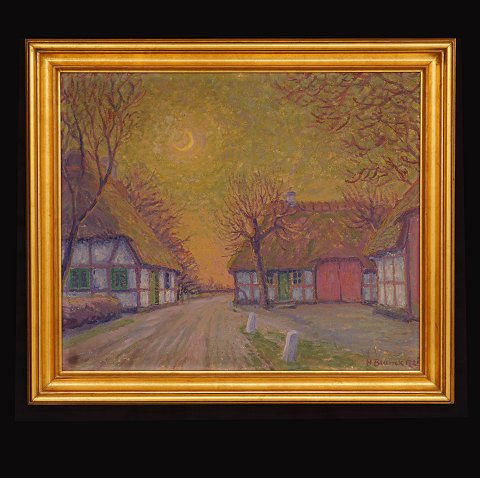 Heinrich Blunck, 1891-1963, Dorfstrasse mit 
Häusern. Öl auf Platte. Signiert und datiert 1921. 
Lichtmasse: 50x59cm. Mit Rahmen: 61x70cm