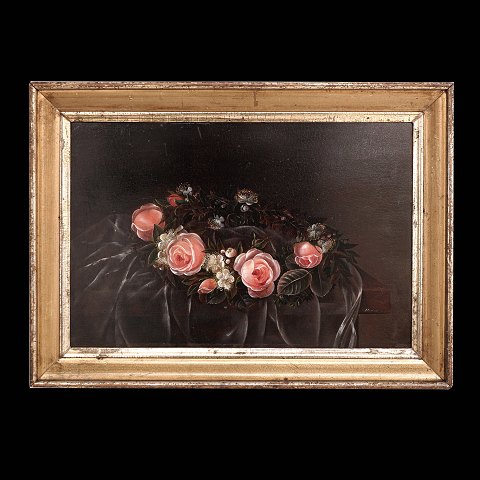 Hanne or Johanne Hellesen(?), 1801-44: Stilllife 
with roses. Oil on plate. Signed. Visible size: 
26,5x40,5cm. With frame: 36x50cm
