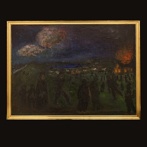 Jens Søndergaard: "Burning House", Signed and 
dated 1931. Visible size: 96x122cm. With frame: 
102x128cm