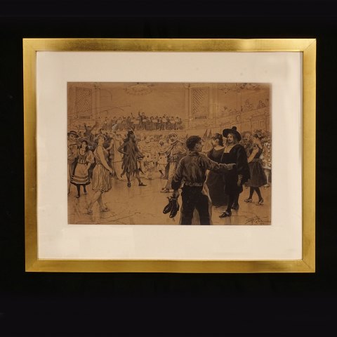 Paul Fischer, 1860-1934: Eine Karnevalsszene. 
Zeichnung. Signiert und datiert 17. februar 1894. 
Lichtmasse: 33x46cm. Mit Rahmen: 53x66cm