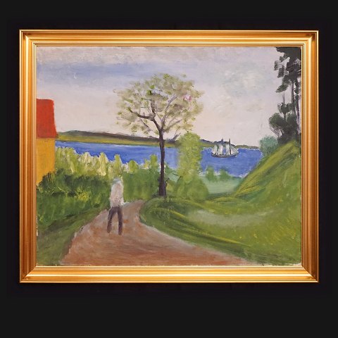 Jens Søndergaard, 1895-1957: Landscape with water, 
house and a person. Oil on canvas. Signed and 
dated 1952. Visible size: 66x79cm. With frame: 
77x90cm