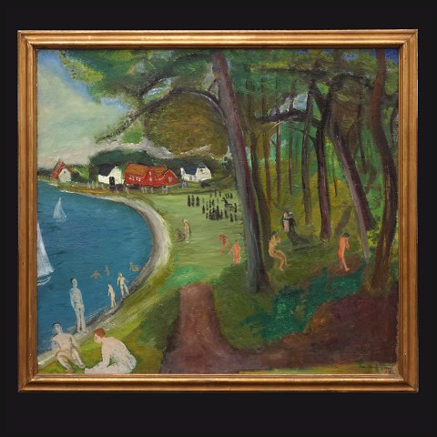 Jens Søndergaard, 1895-1957, "Sunday". Oil on 
canvas. Signed and dated 1938. Visible size: 
100x108cm. With frame: 110x118cm