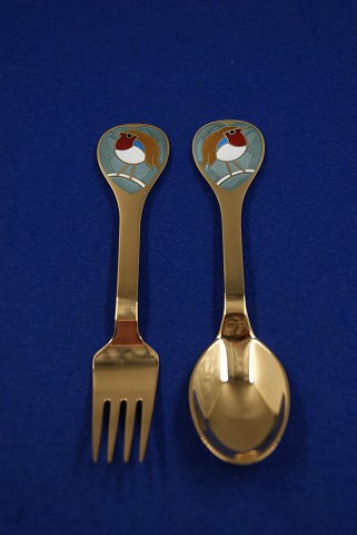 Michelsen set Christmas spoon and fork 1981 of Danish gilt sterling silver