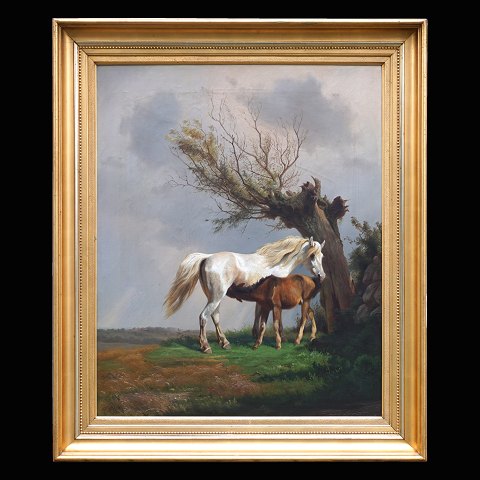 Adolf Henrik Mackeprang, 1833-1911, Öl auf Leinen. 
Zwei Pferde in Landschaft. Signiert und datiert 
1869. Lichtmasse: 86x70cm. Mit Rahmen: 107x91cm