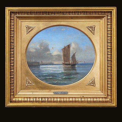 Anton Melbye, 1818-75, Öl auf Platte. 
Marinenmotiv. Signeirt und datiert 1856. 
Lichtmasse: 26x30cm. Mit Rahmen: 42x46cm