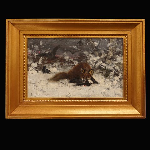 Bruno Liljefors, 1860-1939, oil on canvas. Fox and 
crows. Signed and dated 1881. Visible size: 
23x36cm. With frame: 37x50cm