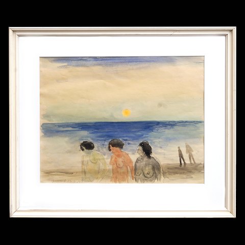 Watercolor by Jens Søndergaard, 1895-1957: "Women 
walking at the beach". Signed and dated 1947. 
Visible size: 37x48cm. With frame: 57x68cm