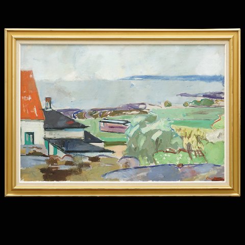A large painting by Olaf Rude, 1886-1957. View 
from the artist's studio, Allinge, Bornholm. 
Signed. Visible size: 88x129cm. With frame: 
108x149cm