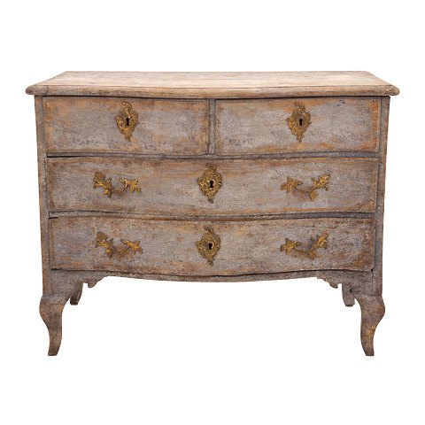 A blue painted Rococo chest of drawers. Sweden 
circa 1760. H: 78cm. W: 98cm. D: 55cm