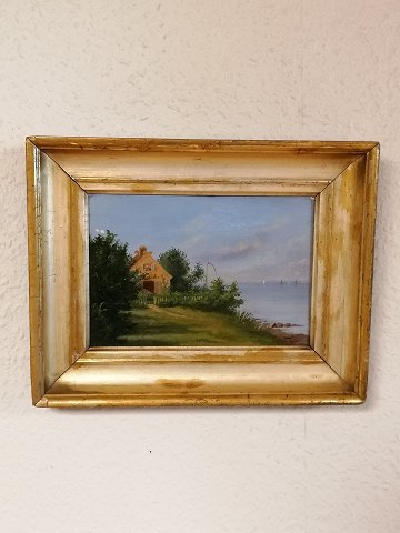 Oil on canvas Coastal party with house and ship