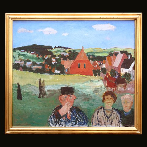 Jens Søndergaard, 1895-1957, oil on canvas. "The 
Village". Signed and dated 1935. Visible size: 
99x114cm. With frame: 114x129cm