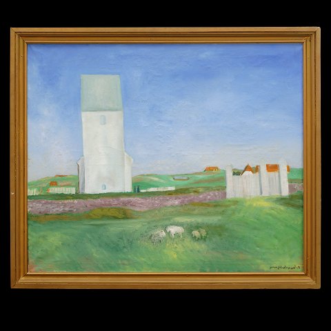Jens Søndergaard, 1895-1957, oil on canvas. The 
church at Ferring. Signed and dated 1948. Visible 
size: 109x129cm. with frame: 124x144cm