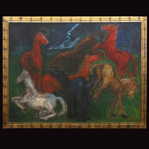 Jens Søndergaard, Denmark, 1895-1957, oil on 
canvas. "Horses". Signed and dated 1932. Visible 
size: 167x208cm. With frame: 185x226cm