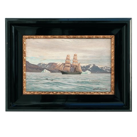 Andreas Riis Carstensen, 1844-1906, Öl auf Leinen. 
Marinenmotiv vor der Küste Grönlands. Signiert. 
Lichtmasse: 22x36cm. Mit Rahmen: 39x53cm