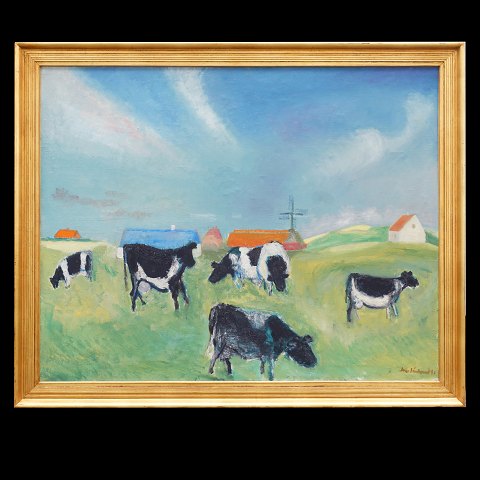 Jens Søndergaard, 1895-1957, oil on canvas. 
"Landscape with cows". Signed and dated 1946. 
Visible size: 109x134cm. With frame: 126x151cm