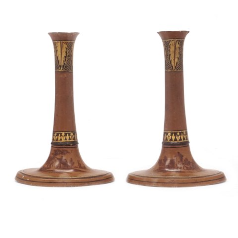 Pair of candlesticks with landscape motives. 
Germany circa 1840. H: 19,5cm