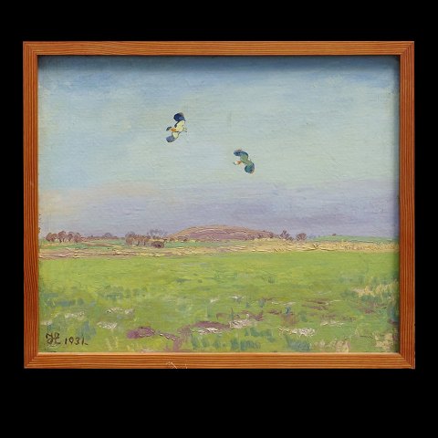 Johannes Larsen 1867-1961, oil on canvas. 
Landscape with lapwings. Signed and dated 1931. 
Visibel size: 46x55cm. With frame: 59x68cm