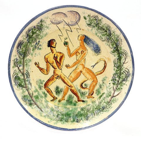 Signed and 1919 dated unique Jais Nielsen 
stoneware plate. Adam & Eve. D: 34,5cm