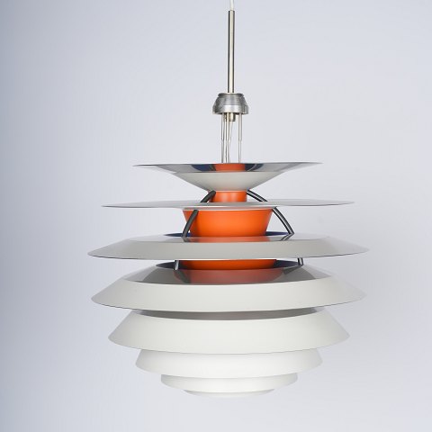Poul Henningsen PH Contrast lamp with white metal upper shade and chrome lower 
shade.