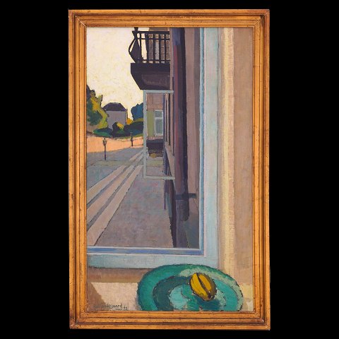 Paul Gadegaard maleri. Paul Gadegaard, 1920-92, 
olie på lærred. Udsigt fra vindue med gadeparti. 
Signeret og dateret 1943. Lysmål: 99x59cm. Med 
ramme: 111x71cm