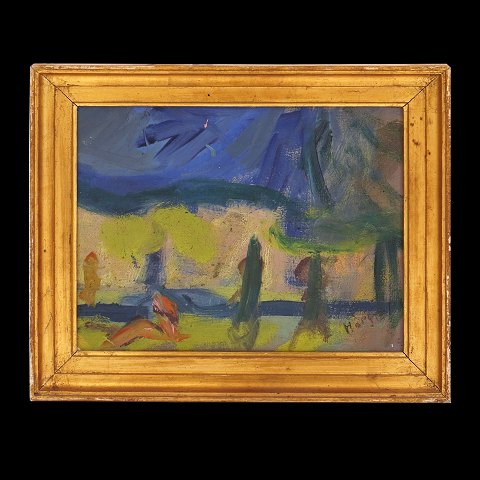 Erik Hoppe, 1896-1968, oil on canvas. Landscape, 
Copenhagen. Signed Hoppe. Visible size: 26x33cm. 
With frame: 35x42cm