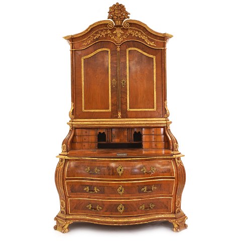 Danish Mid 18th century walnut and giltwood Rococo 
bureau. Denmark circa 1760. H: 248cm. W: 140cm. D: 
70cm