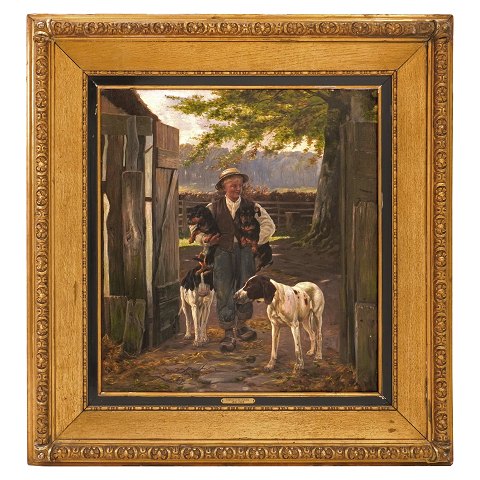 Simon Simonsen gårdkeksteriør med hunde og dreng. 
Simon Simonsen, 1841-1928, olie på lærred. 
Signeret og dateret 1889. Lysmål: 57x51cm. Med 
ramme: 79x73cm