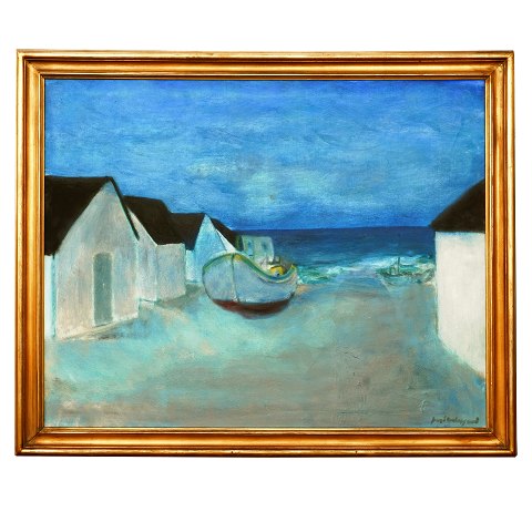 Jens Søndergaard, 1895-1957, oil on canvas. Boats 
at the beach. Signed. Visible size: 78x99cm. With 
frame: 92x112cm