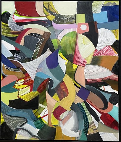 "Komposition" Olie maleri på lærred, monteret i kraftig sort svæveramme.