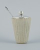 Arne Bang, ceramic marmalade jar in grooved design.
George Jensen an Acanthus spoon and a silver lid.