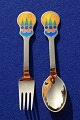 Michelsen Set Christmas spoon and fork 1979 of 
Danish gilt sterling silver