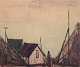 Peder Brøndum Sørensen (1931-2003), Danish painter, oil on canvas."Houses by the Sea".