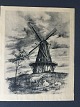 Litografi af 
Kai Seligmann - 
Mølle med 
græssende får.
