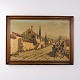Osted Antik & Design præsenterer: Oliemaleri med Sydlandsk Landsby, Personer og Vogn i Mørk Træramme 78,5 x 110 cm
