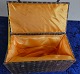 Beautiful and well-maintained box made of papier-mâché, covered with brown, patterned fabric and lined with yellow silk. H 12cm - L 23cm