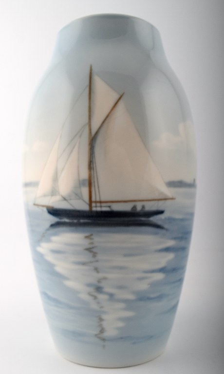 Early B&G, Bing & Grondahl porcelain vase with sailing ship. 

