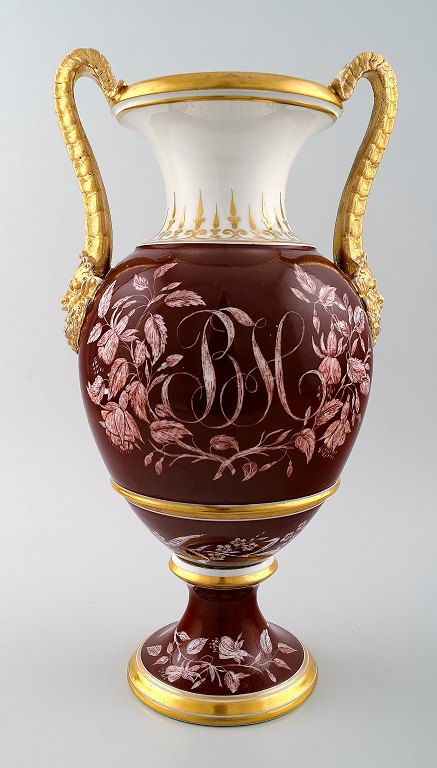 Large antique B&G Bing & Grondahl vase in purple with handles in gold with 
faun-face.