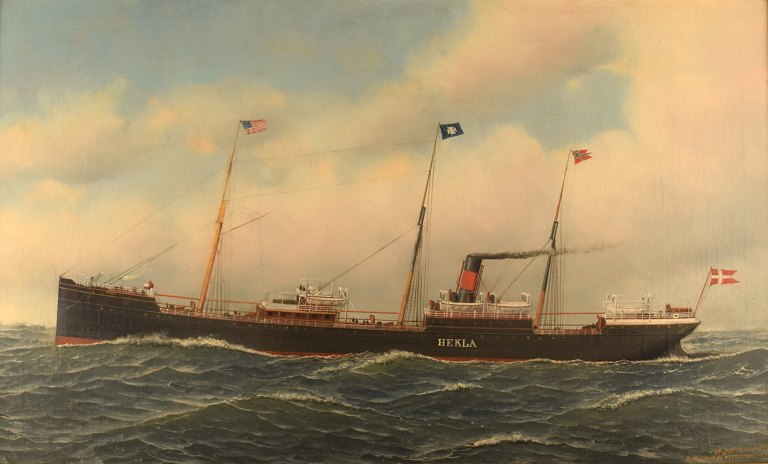 Antonio Jacobsen: The steamer Hekla from Scandinavian American Line. Oil on 
canvas.
