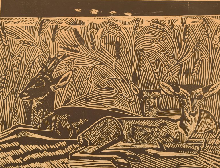 Axel Salto, litografi. Liggende hjorte i kornmark.
