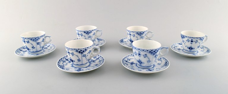 Set of six Royal Copenhagen Blue Fluted Half Lace Coffee cups and saucers.
