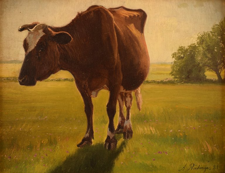 Albert Rüdinger, (b. 1838, d. 1925) Danish painter.
Cow in Danish summer landscape. Oil on canvas.
Dated 1881.
