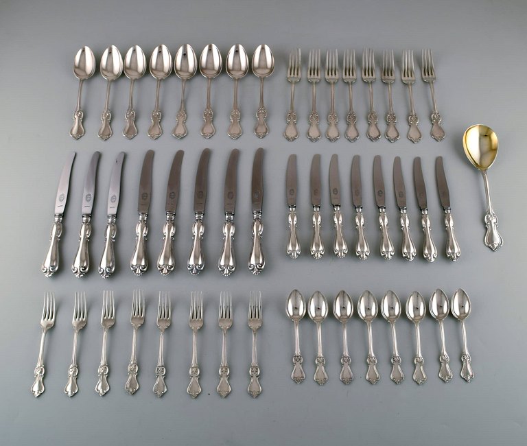 Hallbergs Guldsmeds Ab, Sweden. Complete "Olga" dinner and lunch service for 
eight people. Dated 1946.
