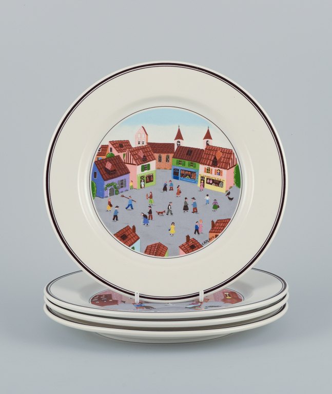 Villeroy & Boch, Luxemburg, design Gérard Laplau. 
Et sæt på fire ”Naif” tallerkner i porcelæn med motiver af familier, landsbyer 
og bibelske scener i naivistisk stil.