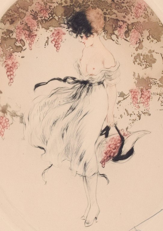 Louis Icart (1888-1950). Radering på papir. Nøgen kvinde plukker druer.